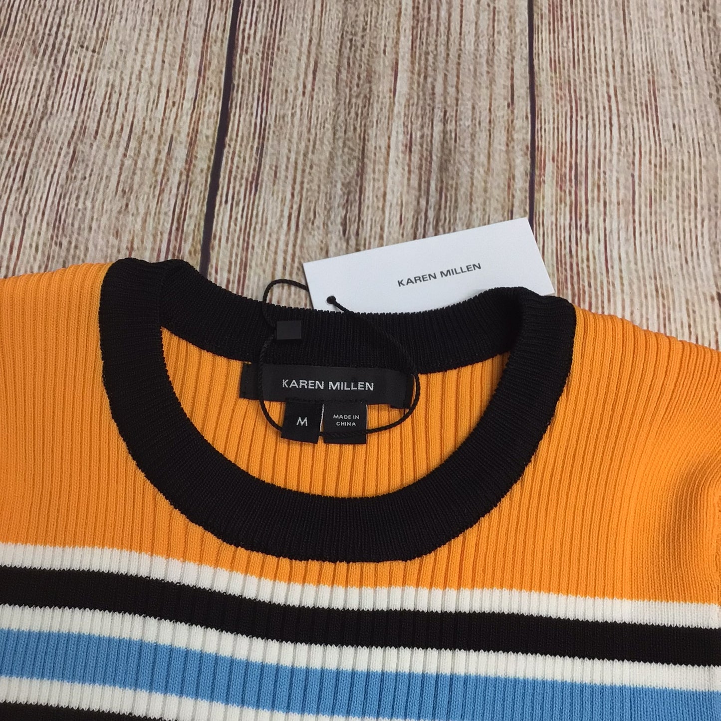 BNWT Karen Millen Orange, Blue, Black Rib Knit Stripe T Shirt Size M