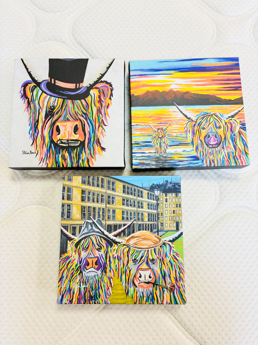 Steven Brown McCoo Canvas Set of 3 Highland Cow Art 8"x8"