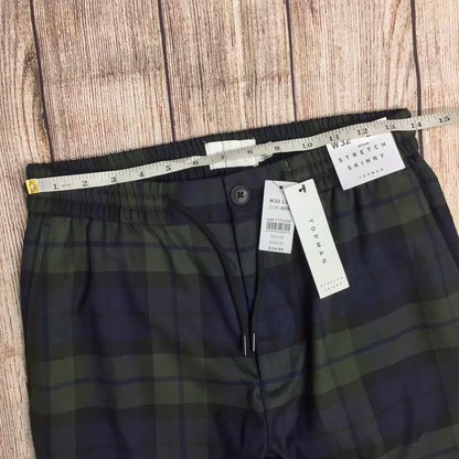 BNWT Topman Green & Blue Tartan Stretch Skinny Trousers Size W32 L32