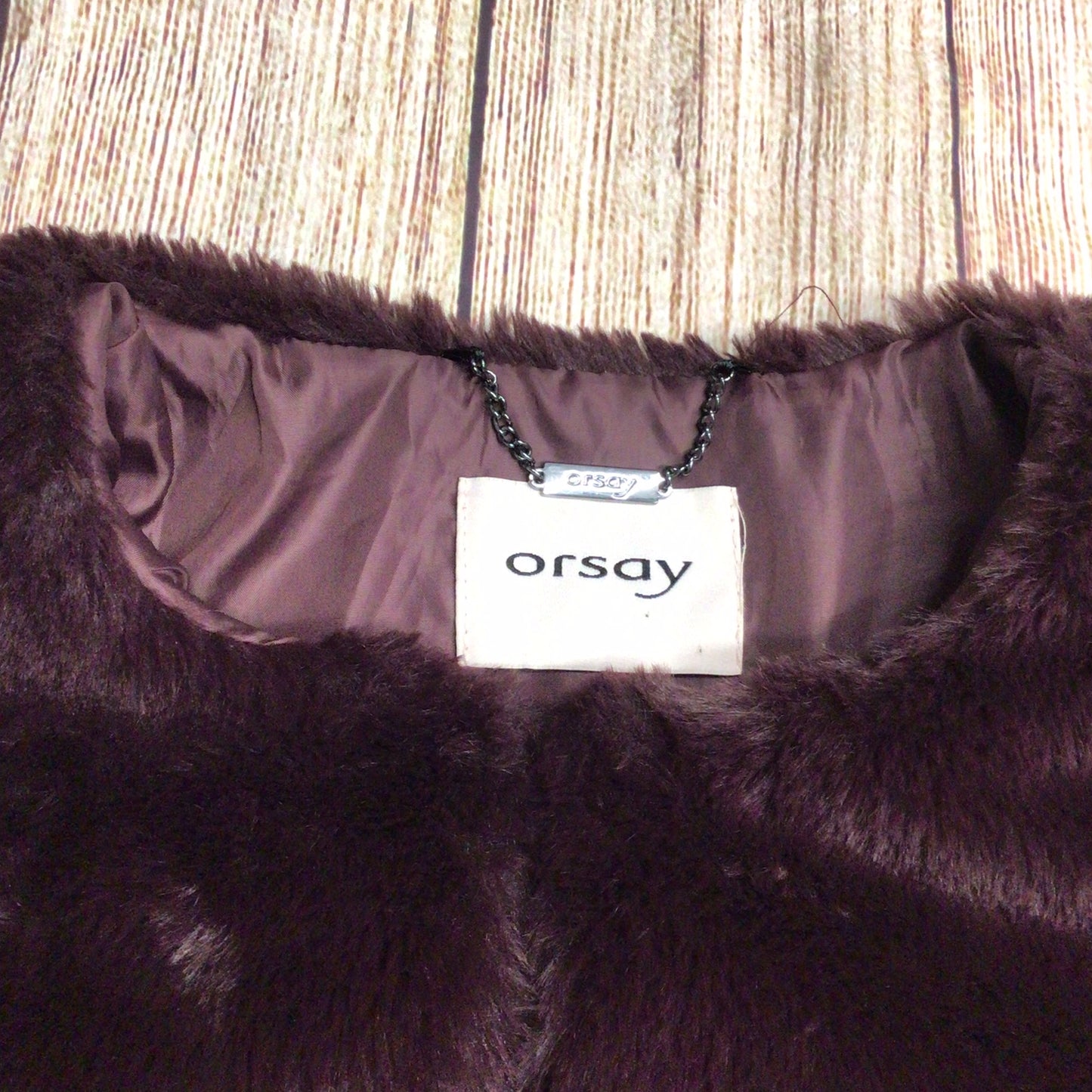 Orsay Mulberry Purple Faux Fur Short Collarless Jacket Size 10 (38 on label)