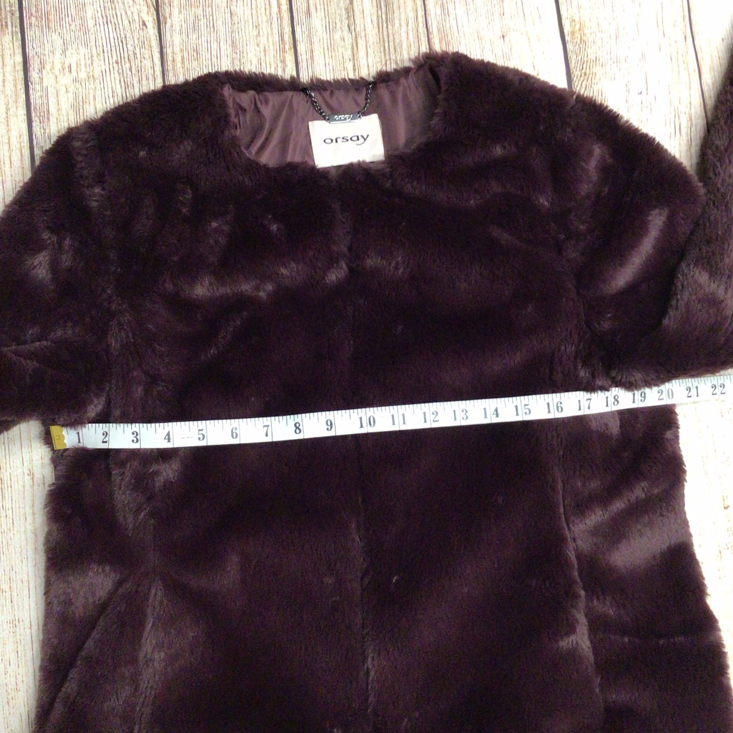 Orsay Mulberry Purple Faux Fur Short Collarless Jacket Size 10 (38 on label)