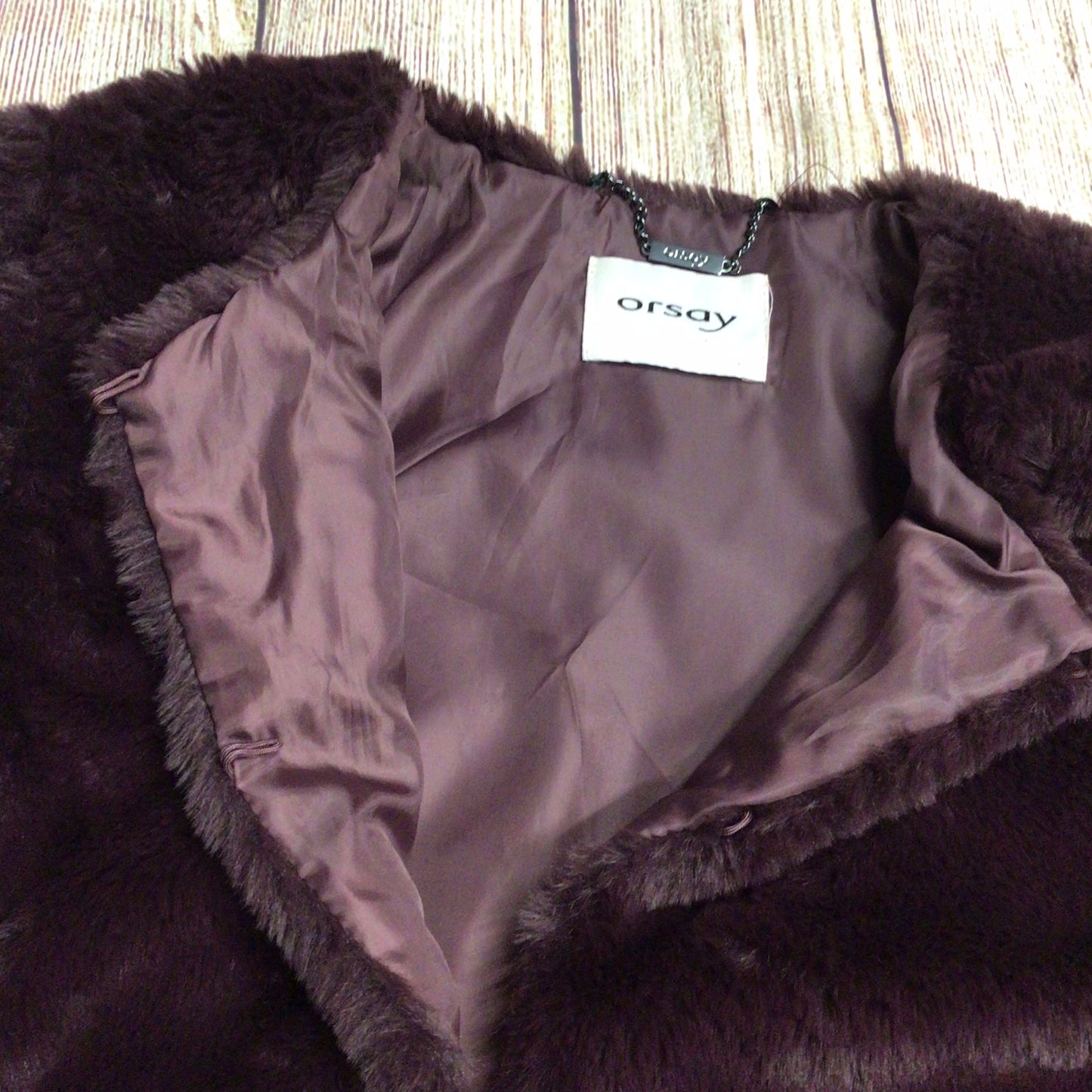 Orsay Mulberry Purple Faux Fur Short Collarless Jacket Size 10 (38 on label)