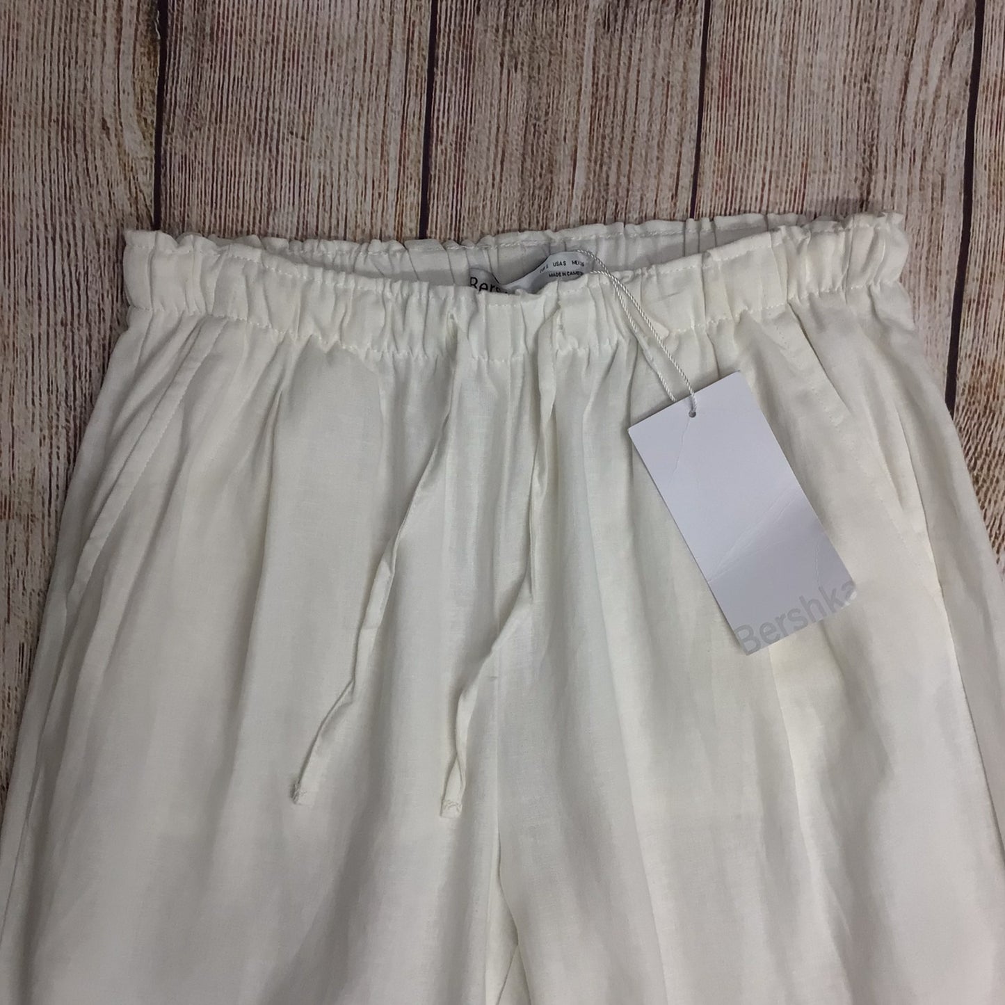 BNWT Bershka Cream/White Linen Blend Trousers w/Elasticated Waist Size S