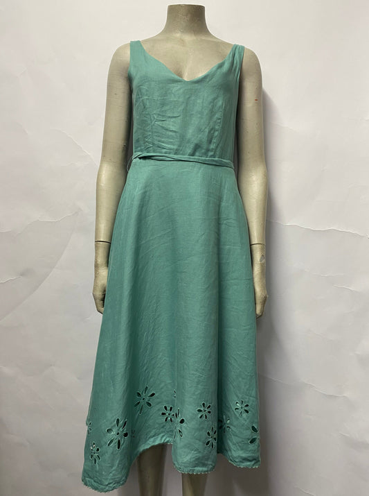 Vintage Laura Ashley Green Sleeveless A-line Linen Summer Dress 8