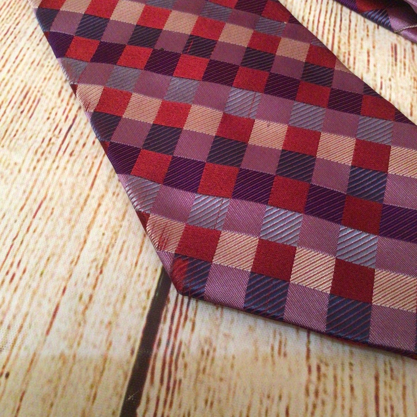 Balmain Pink Red Check Print 100% Silk Tie