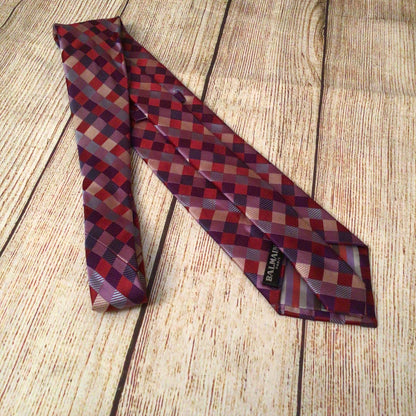 Balmain Pink Red Check Print 100% Silk Tie