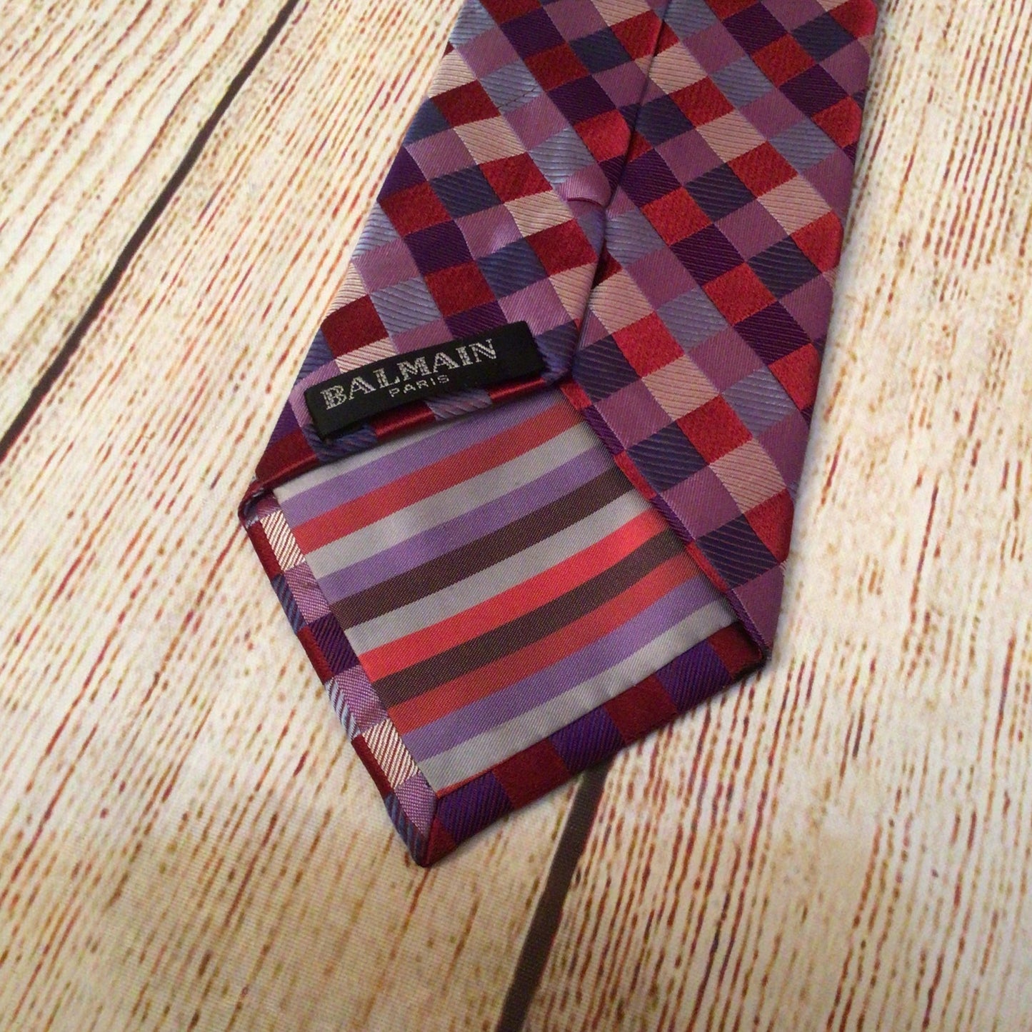 Balmain Pink Red Check Print 100% Silk Tie
