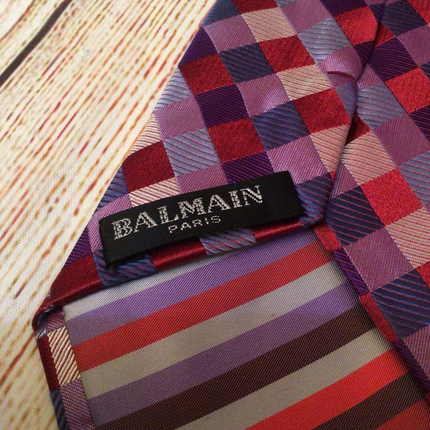 Balmain Pink Red Check Print 100% Silk Tie