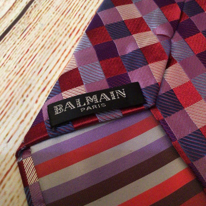 Balmain Pink Red Check Print 100% Silk Tie