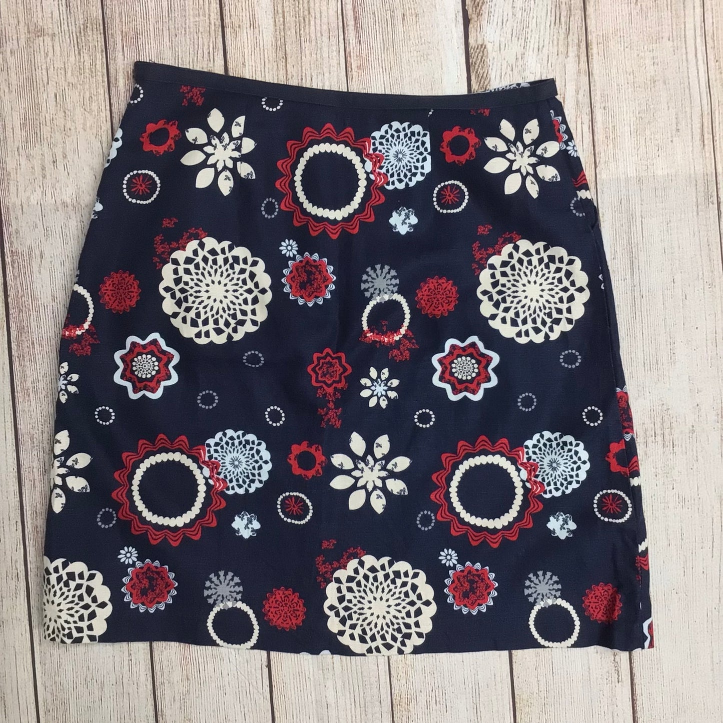 Laura Ashley Blue, Red, White Pattern Cotton & Linen Blend Skirt w/Pockets Size 12