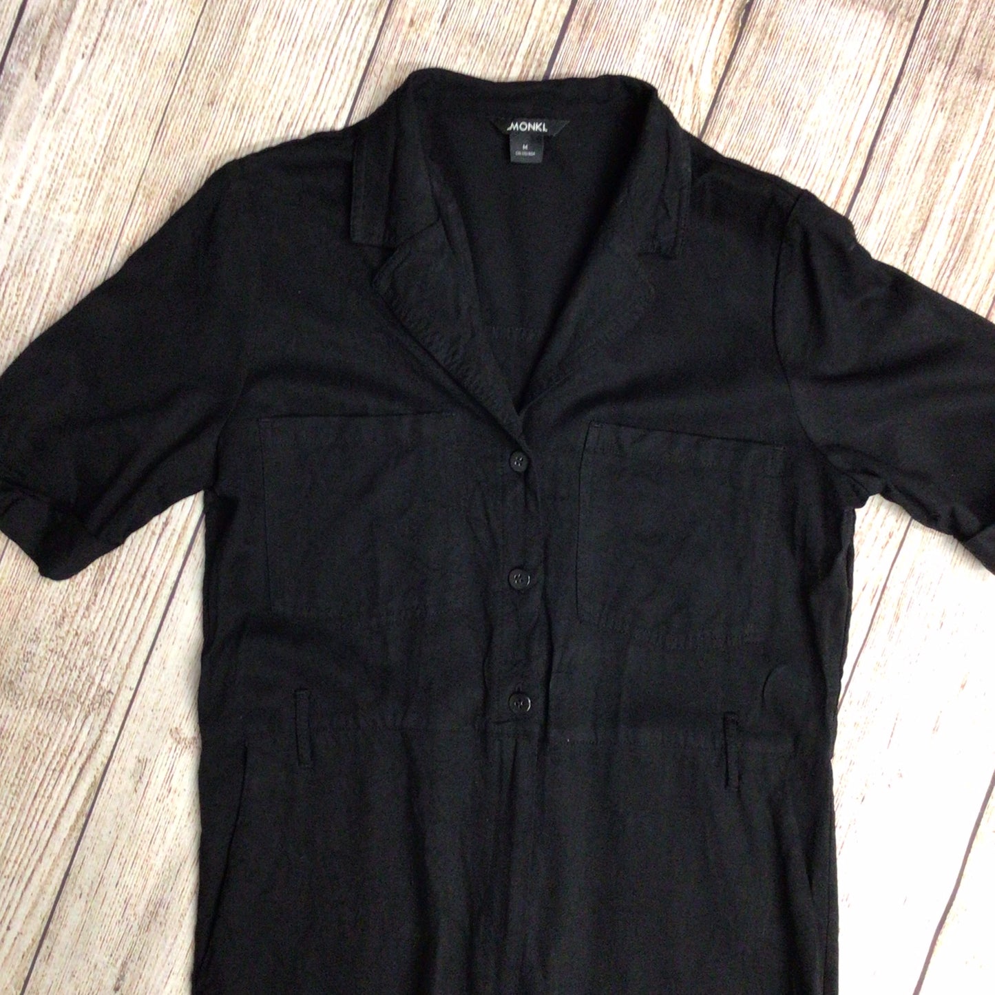 Monki Black Short Sleeve Collared Button Up Jumpsuit w/Pockets Size M