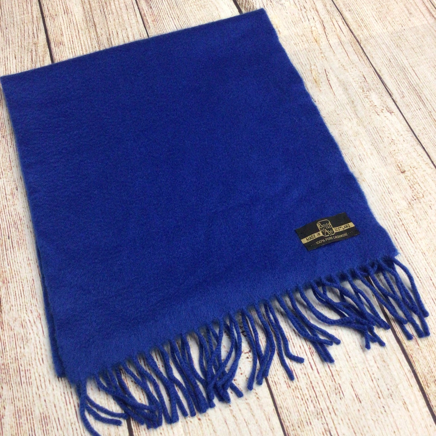 Begg of Ayr Scotland Royal Blue 100% Pure Cashmere Fringed Scarf