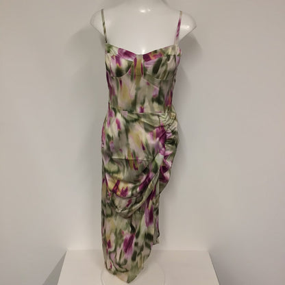 BNWT Cider Green & Purple Watercolour Strappy Ruched Split Hem Dress Size M