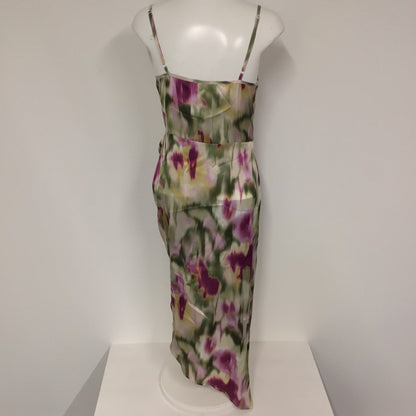 BNWT Cider Green & Purple Watercolour Strappy Ruched Split Hem Dress Size M