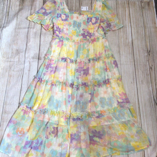 BNWT Simply Be Multi Pastel Yellow Purple Floral Shirred Dress Size 20