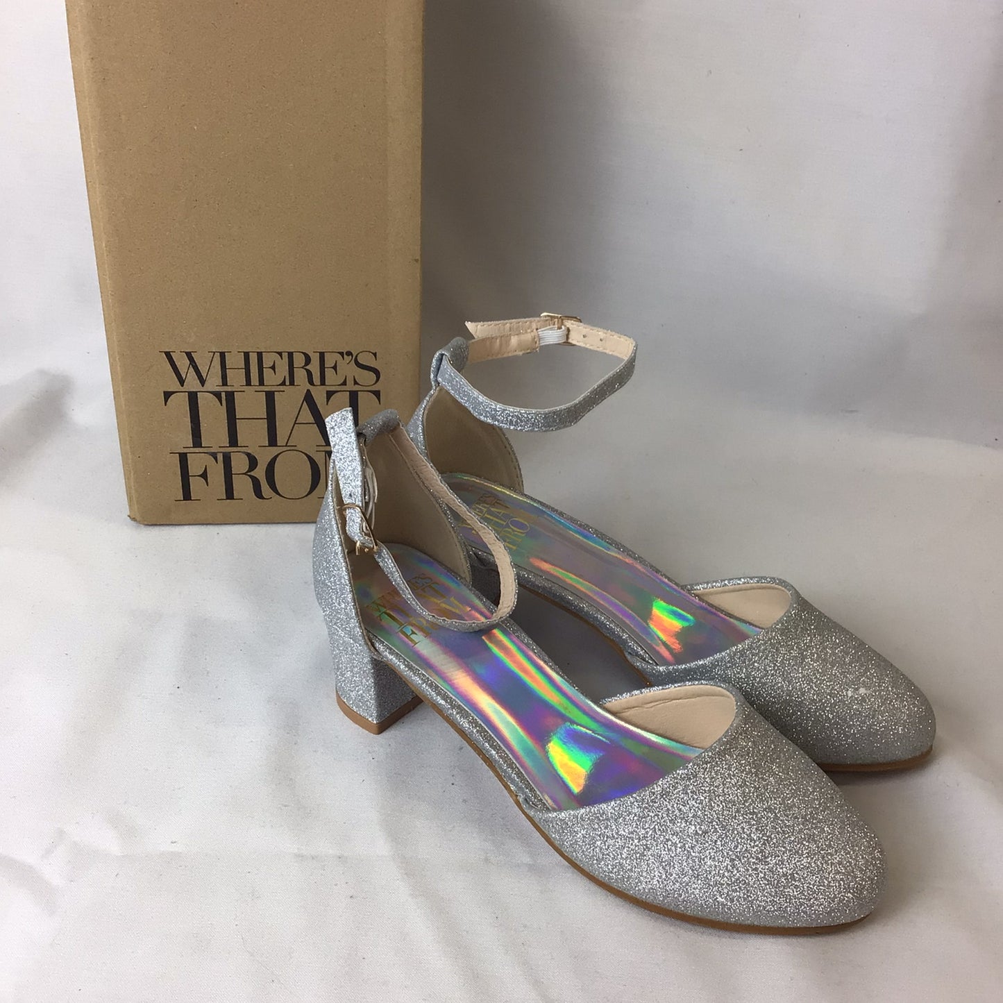 Where's That From Silver Glitter Sandals Heels Kids Size 2 UK