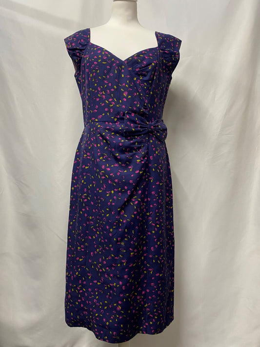 Laura Ashley Vintage Purple Patterned Cap Sleeve Mid-length Dress 12