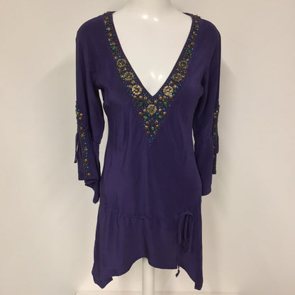 Karen Millen Purple Beaded 100% Silk Tunic Top Dress w/Drape Sleeves Size 10