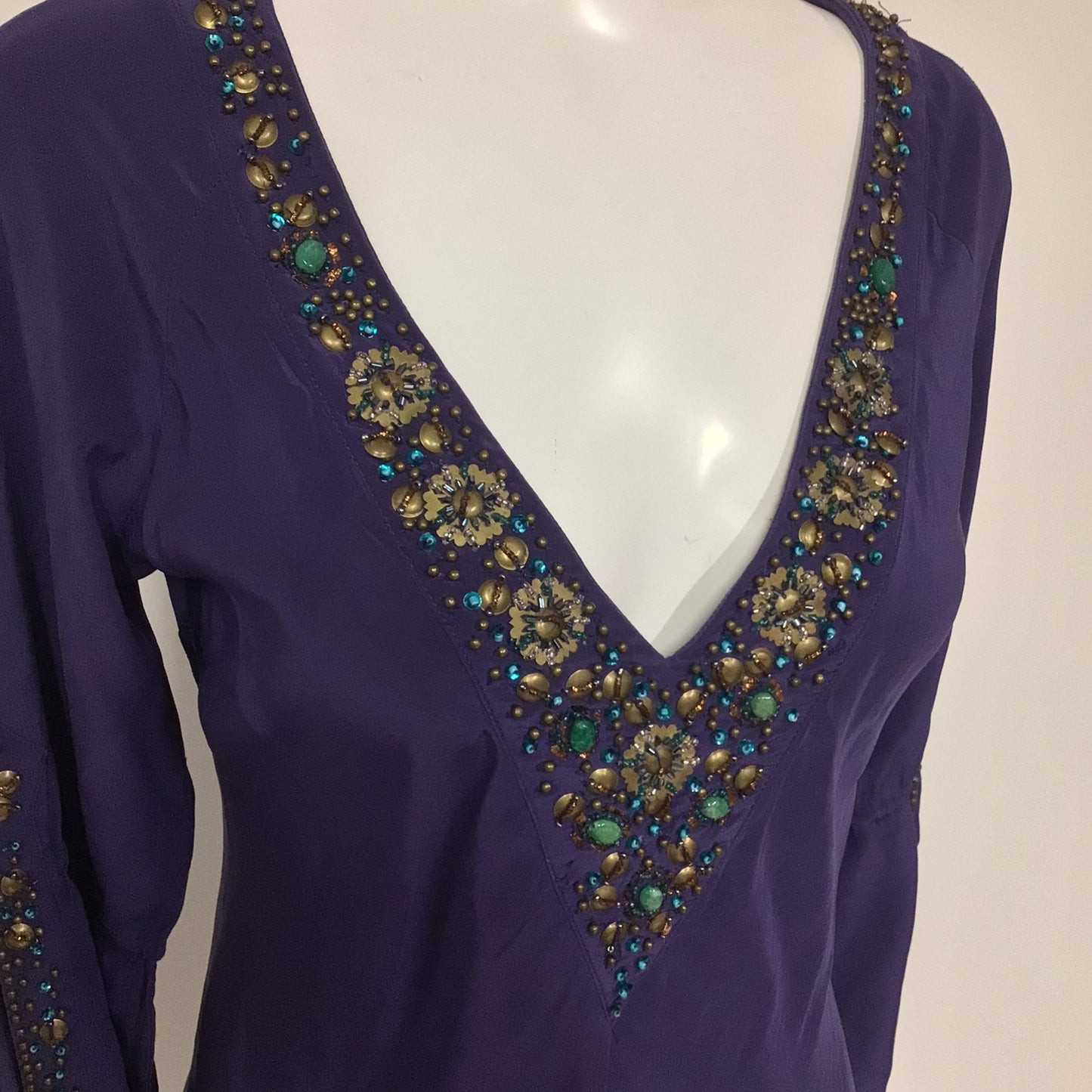 Karen Millen Purple Beaded 100% Silk Tunic Top Dress w/Drape Sleeves Size 10