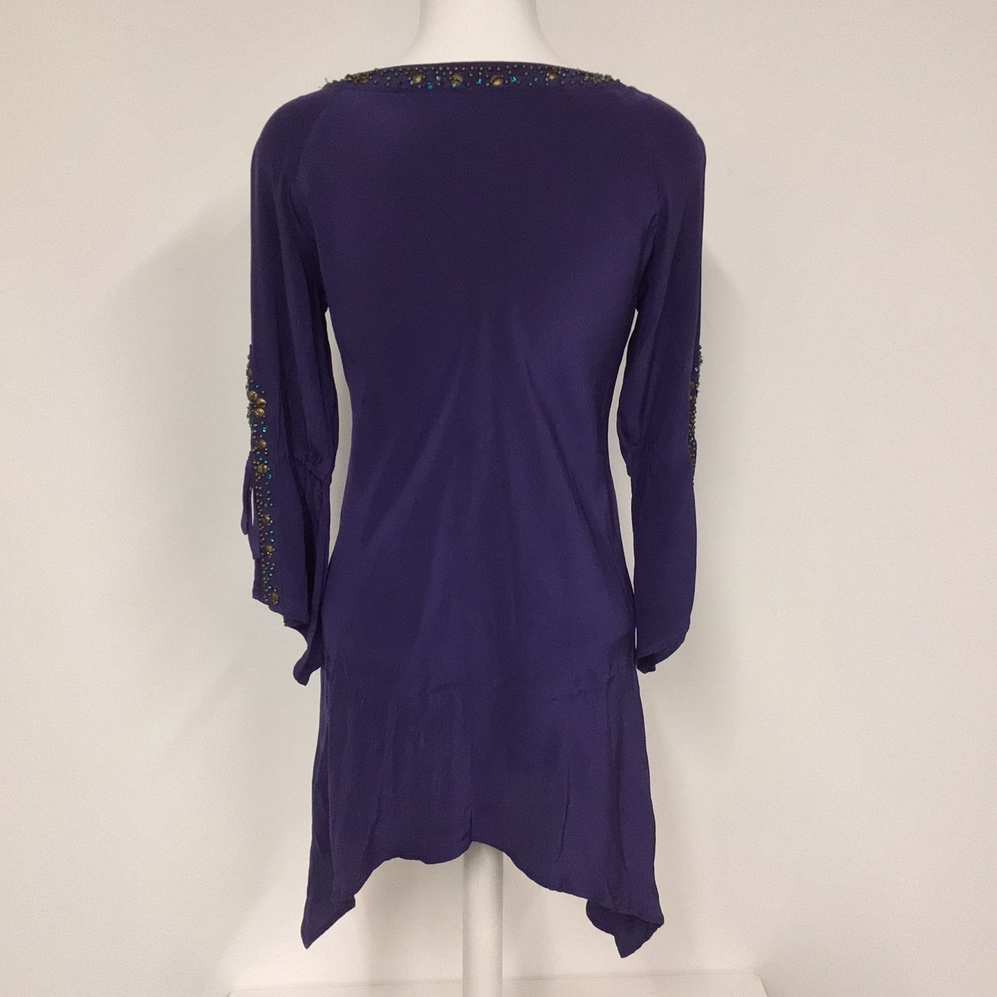 Karen Millen Purple Beaded 100% Silk Tunic Top Dress w/Drape Sleeves Size 10