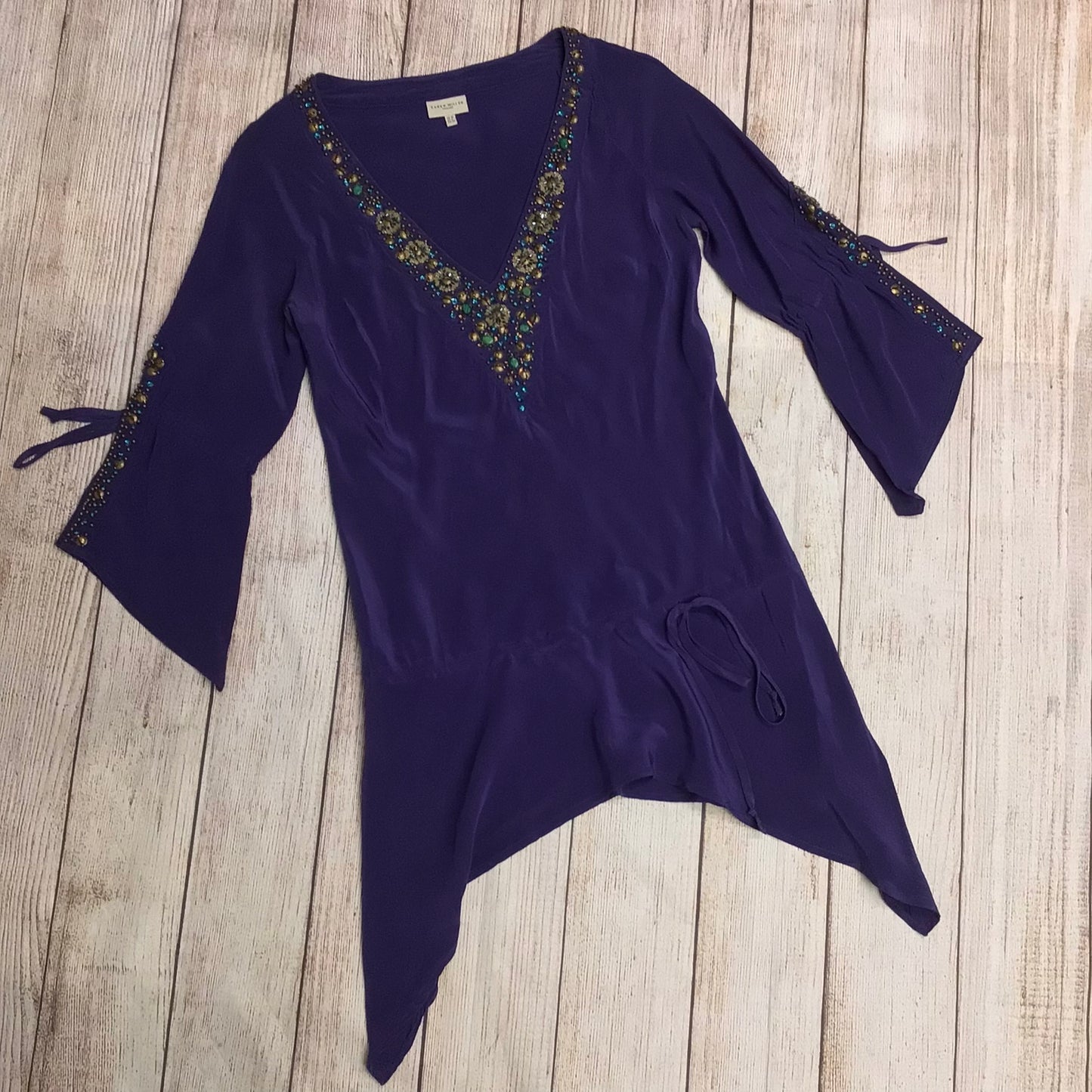 Karen Millen Purple Beaded 100% Silk Tunic Top Dress w/Drape Sleeves Size 10