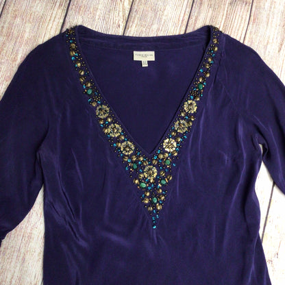 Karen Millen Purple Beaded 100% Silk Tunic Top Dress w/Drape Sleeves Size 10