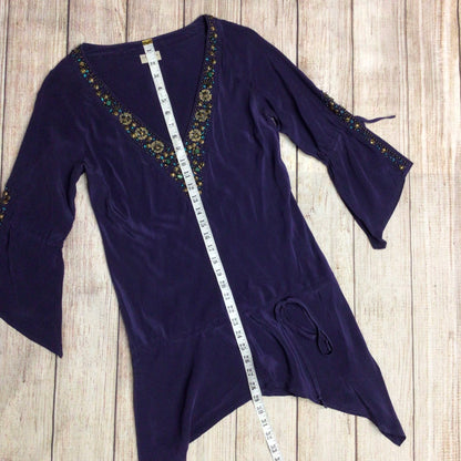 Karen Millen Purple Beaded 100% Silk Tunic Top Dress w/Drape Sleeves Size 10