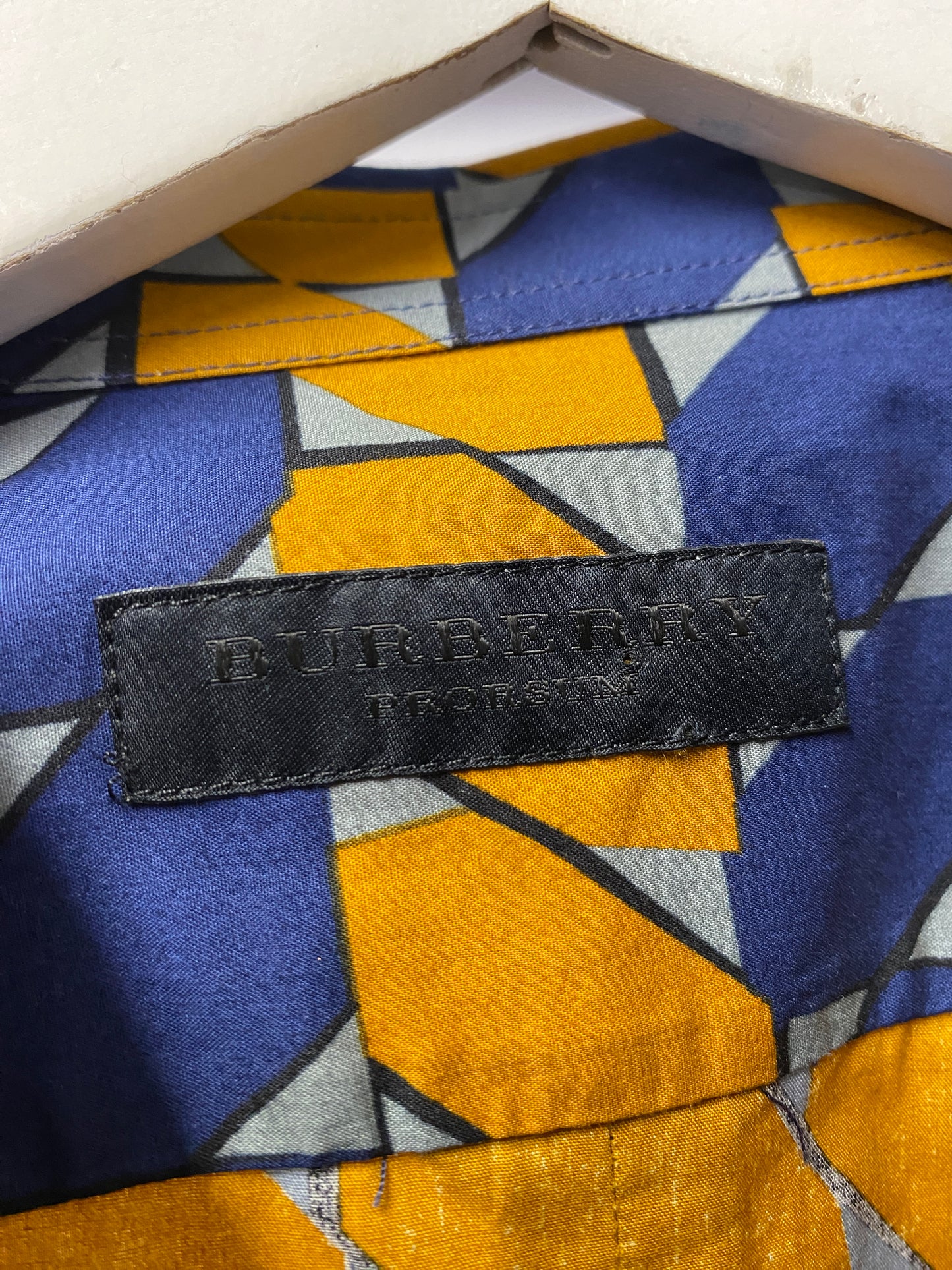 Burberry Porsum Blue and Yellow Abstract Cotton Shirt Runway AW 12/13 RARE Small