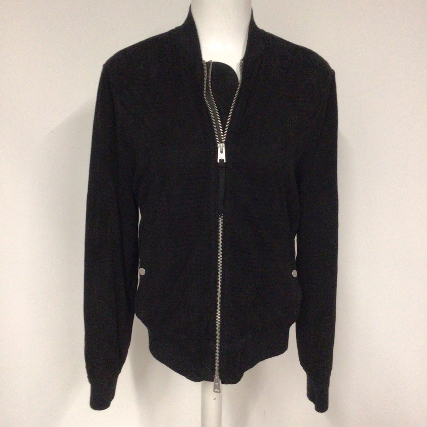 AllSaints Black Suede Leather Perring Double Zip Bomber Jacket Size XS