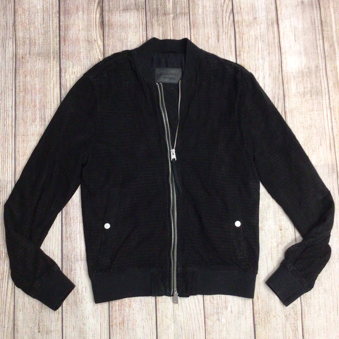 AllSaints Black Suede Leather Perring Double Zip Bomber Jacket Size XS