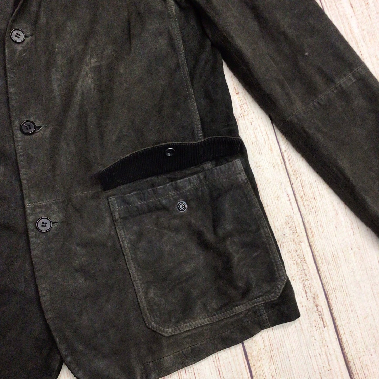 AllSaints Green/Grey Leather Coat w/Brown Corduroy Size M