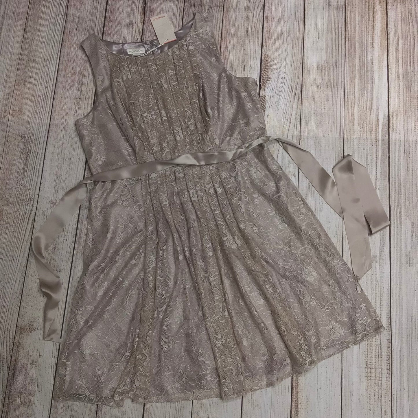 BNWT Monsoon Mink Brown Lace Sleeveless Dress w/Tie Waist Size 20