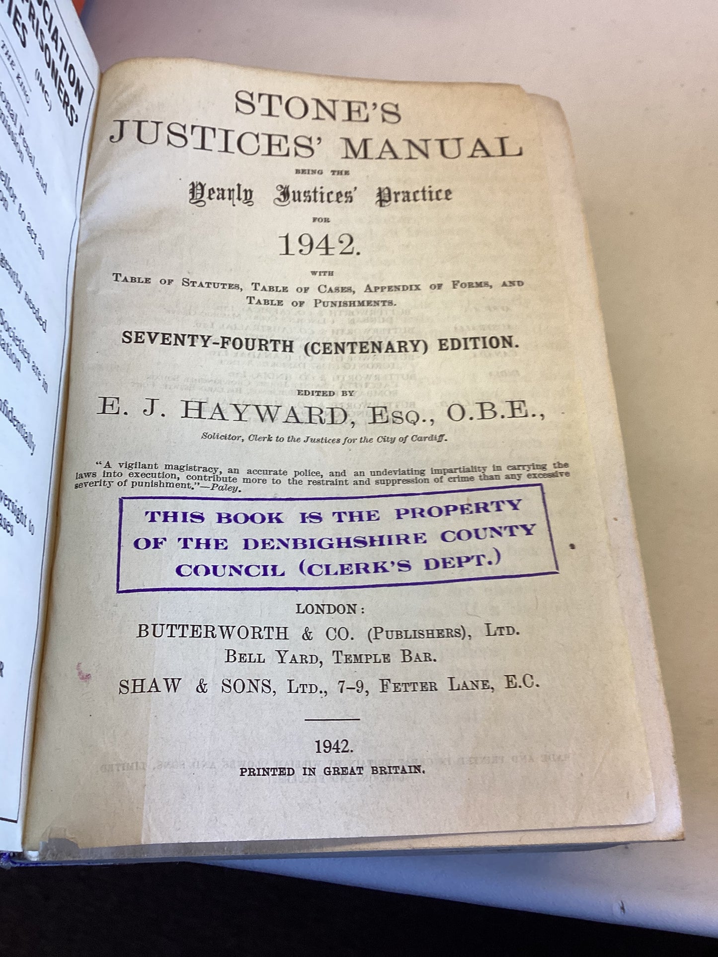Stones Justices Manual 74th Centenary Edition 1942 E J Hayward