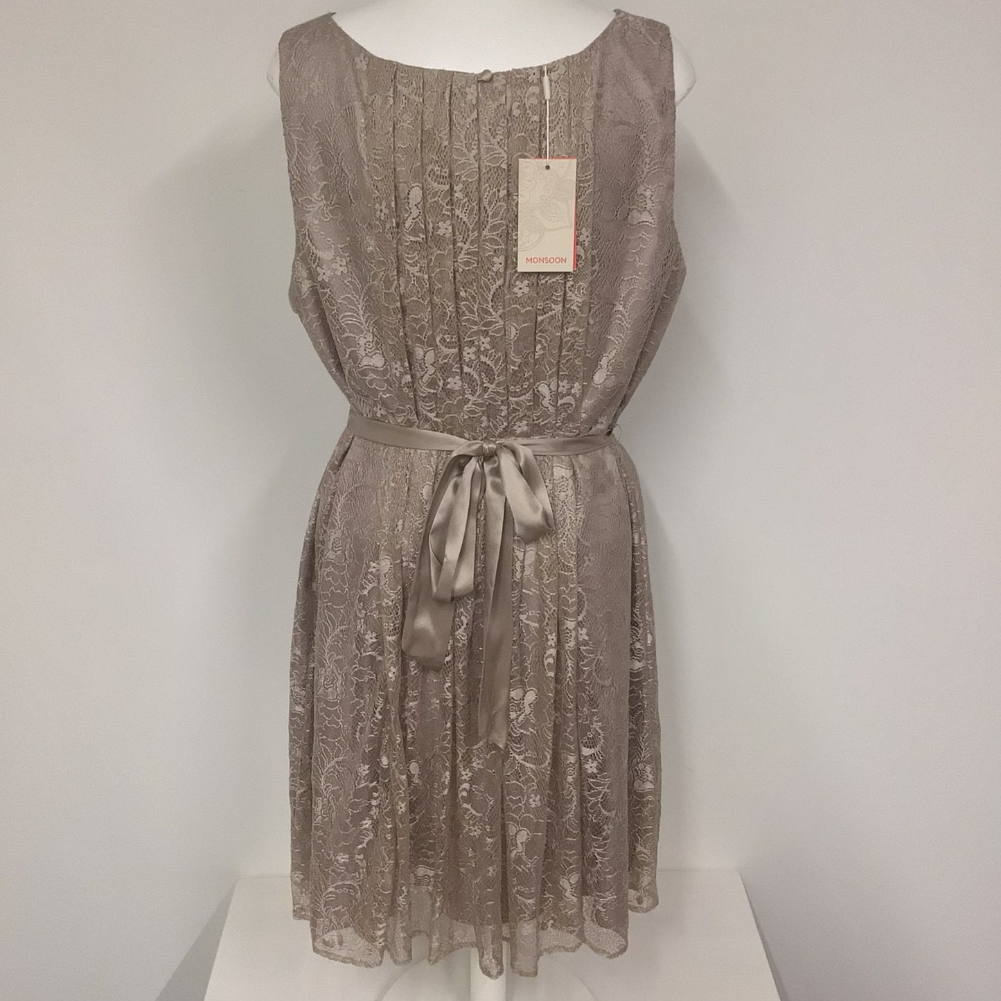 BNWT Monsoon Mink Brown Lace Sleeveless Dress w/Tie Waist Size 20