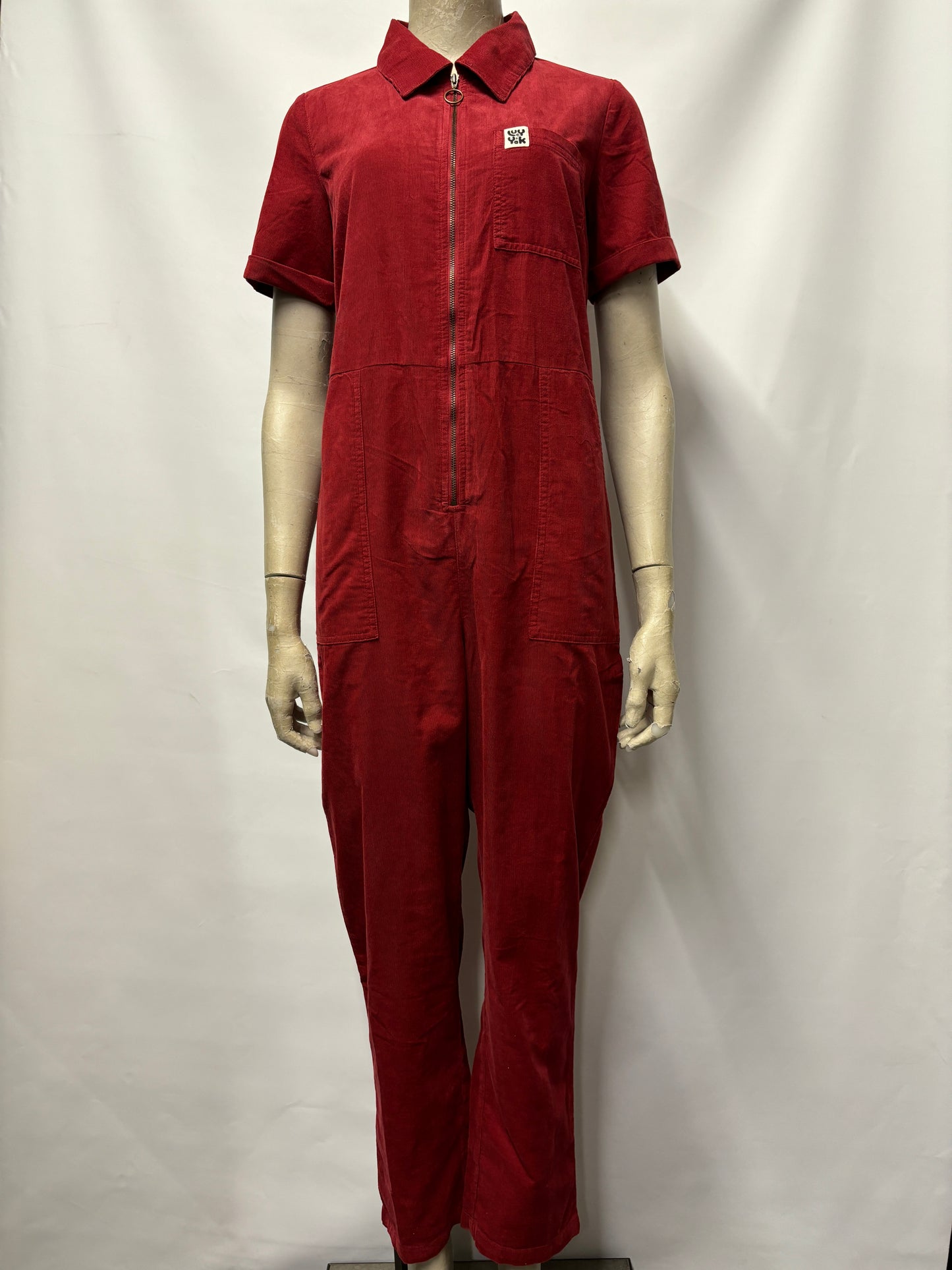 Lucy & Yak - Rex - Short Sleeve Corduroy Jumpsuit in Dahlia Red UK 4