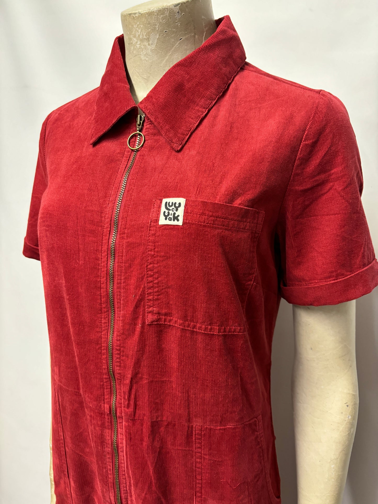 Lucy & Yak - Rex - Short Sleeve Corduroy Jumpsuit in Dahlia Red UK 4