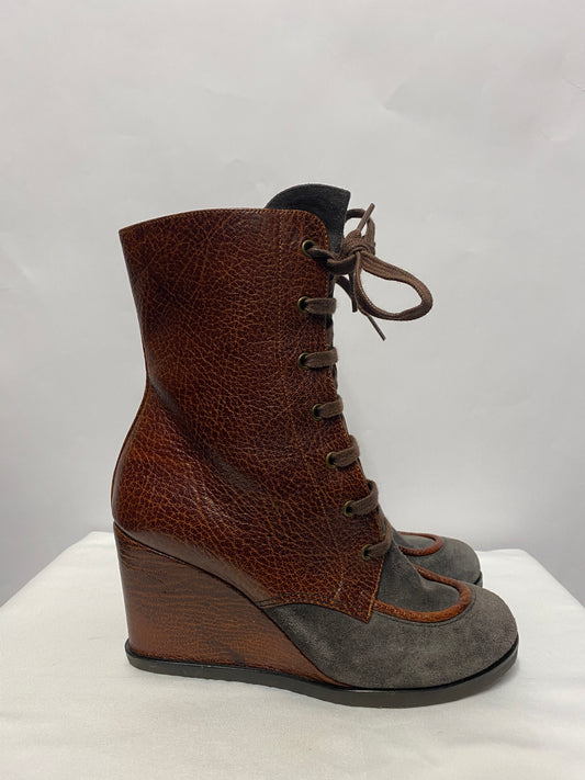 Chie Mihara Brown and Grey Full Grain Leather and Suede Wedge Heel Boots 4
