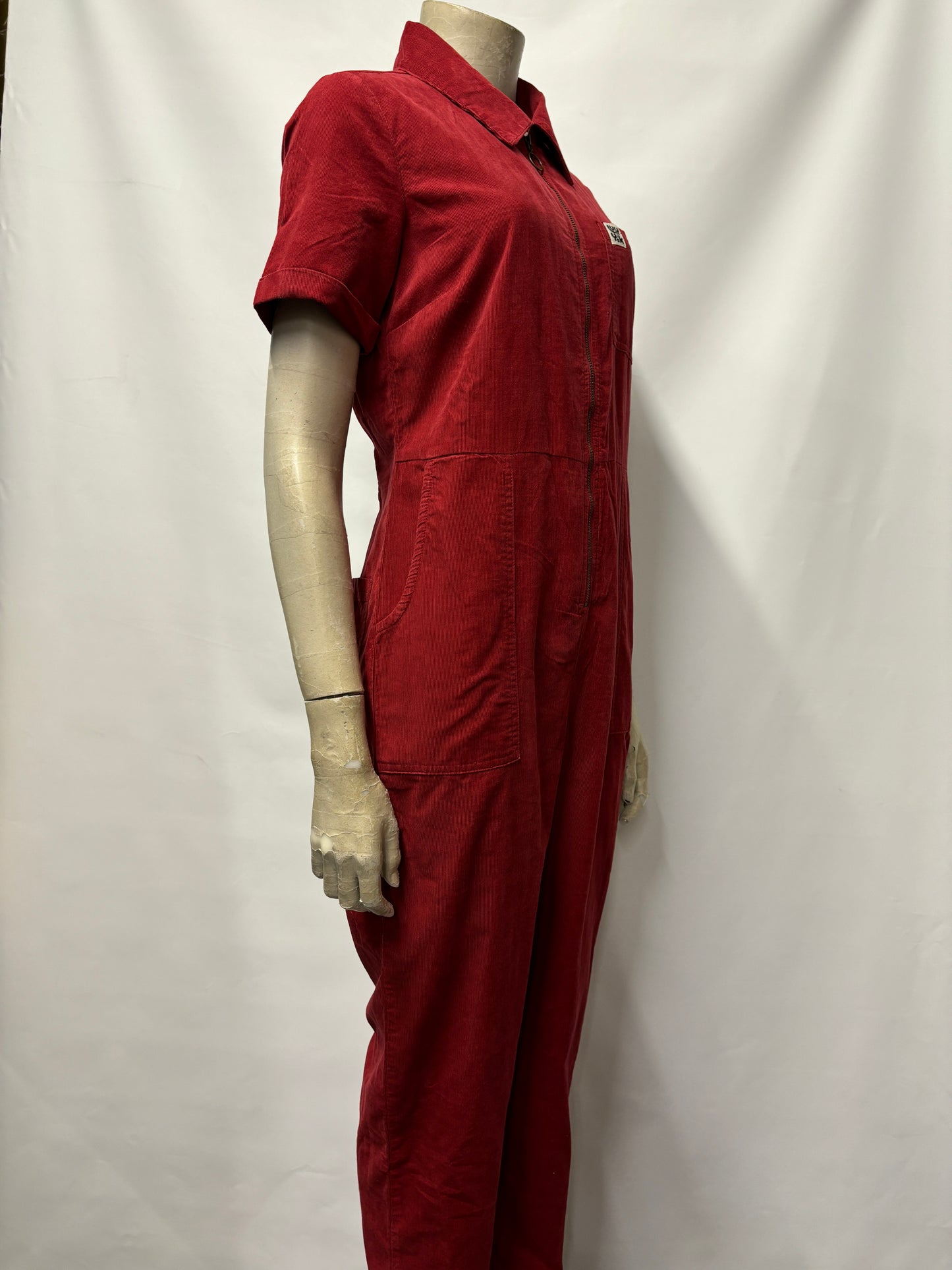 Lucy & Yak - Rex - Short Sleeve Corduroy Jumpsuit in Dahlia Red UK 4