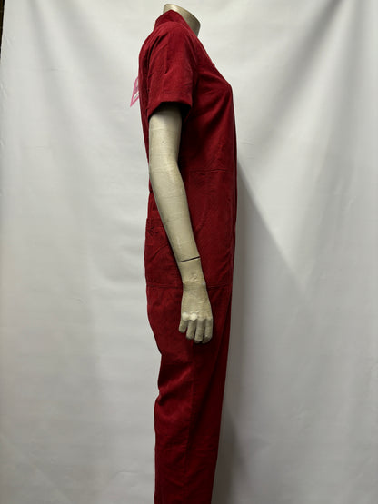 Lucy & Yak - Rex - Short Sleeve Corduroy Jumpsuit in Dahlia Red UK 4