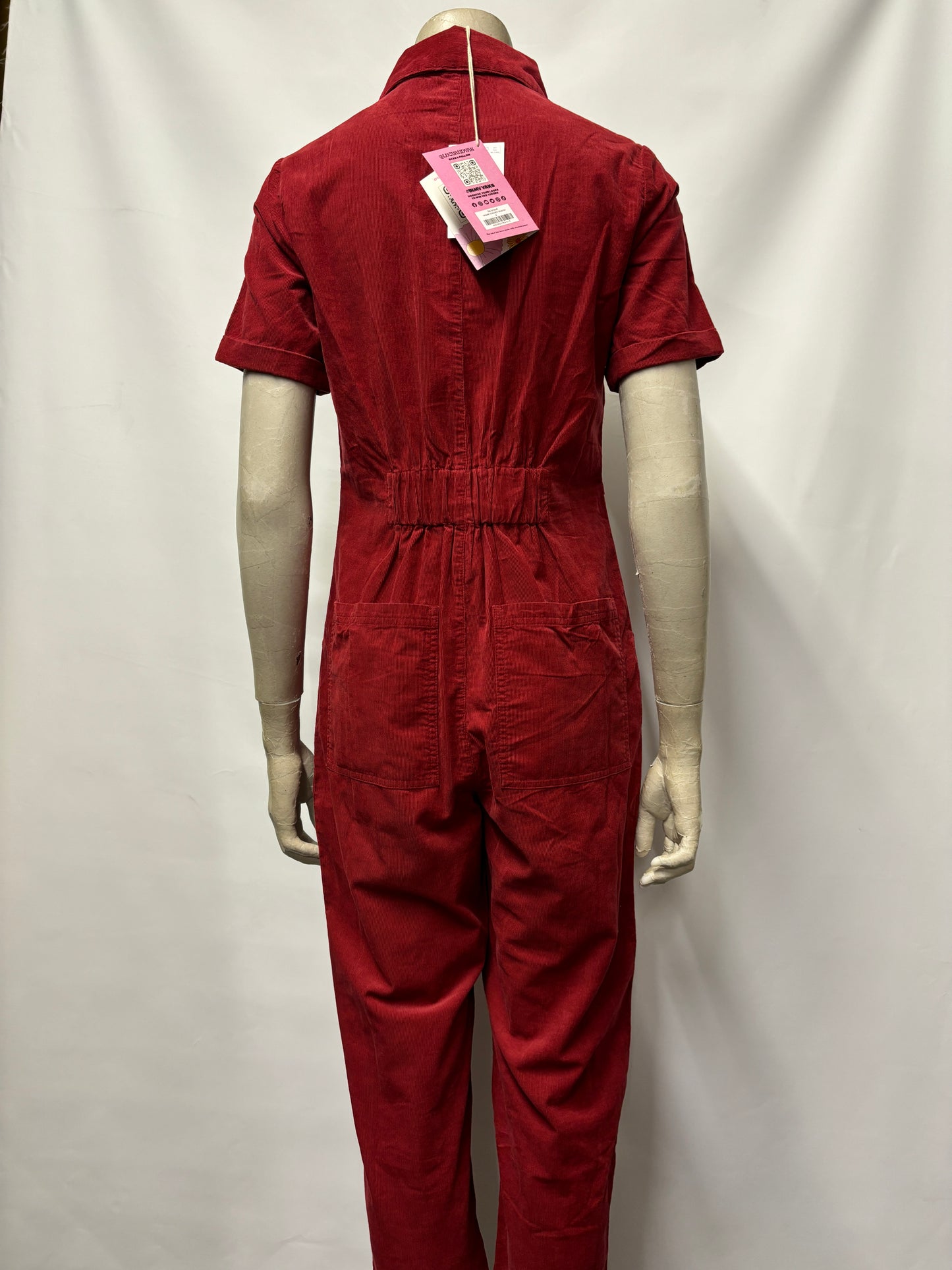 Lucy & Yak - Rex - Short Sleeve Corduroy Jumpsuit in Dahlia Red UK 4