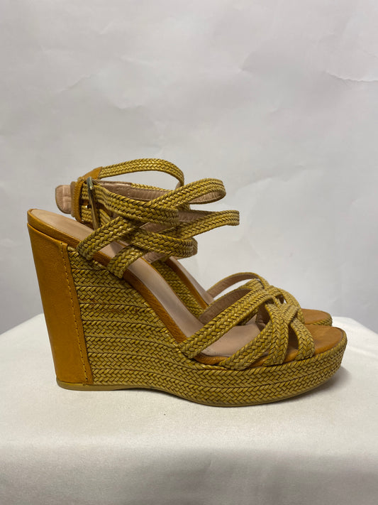 Stuart Weitzman Tan Wicker and Leather Encore Wedge Strappy Heels 6