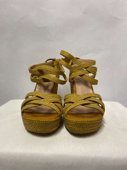 Stuart Weitzman Tan Wicker and Leather Encore Wedge Strappy Heels 6