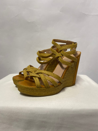 Stuart Weitzman Tan Wicker and Leather Encore Wedge Strappy Heels 6