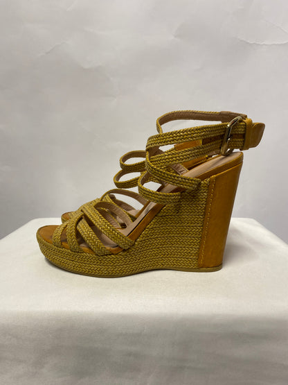 Stuart Weitzman Tan Wicker and Leather Encore Wedge Strappy Heels 6