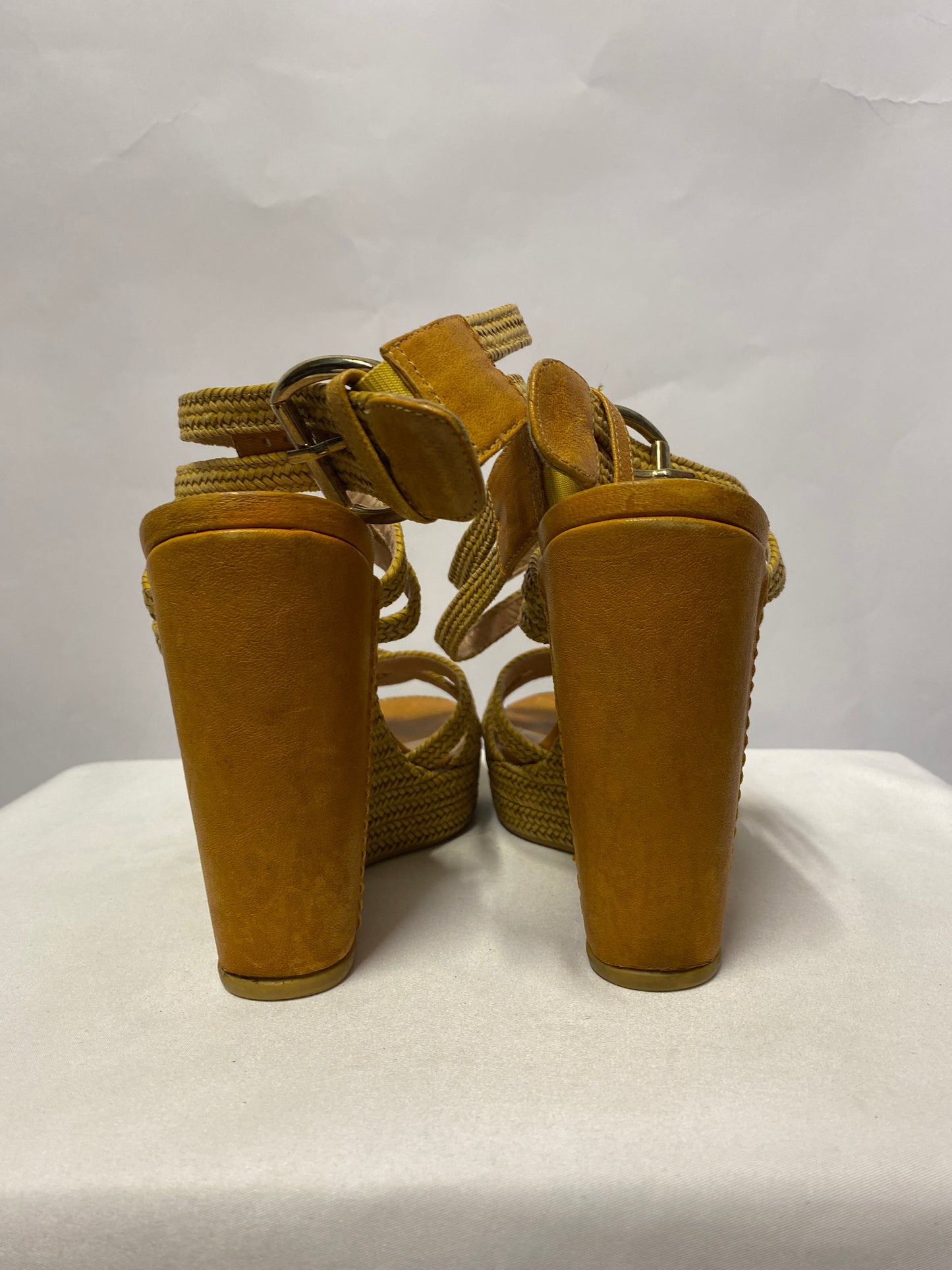 Stuart Weitzman Tan Wicker and Leather Encore Wedge Strappy Heels 6