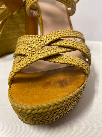 Stuart Weitzman Tan Wicker and Leather Encore Wedge Strappy Heels 6