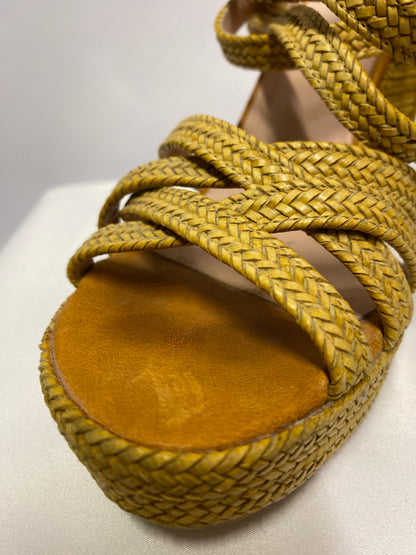 Stuart Weitzman Tan Wicker and Leather Encore Wedge Strappy Heels 6