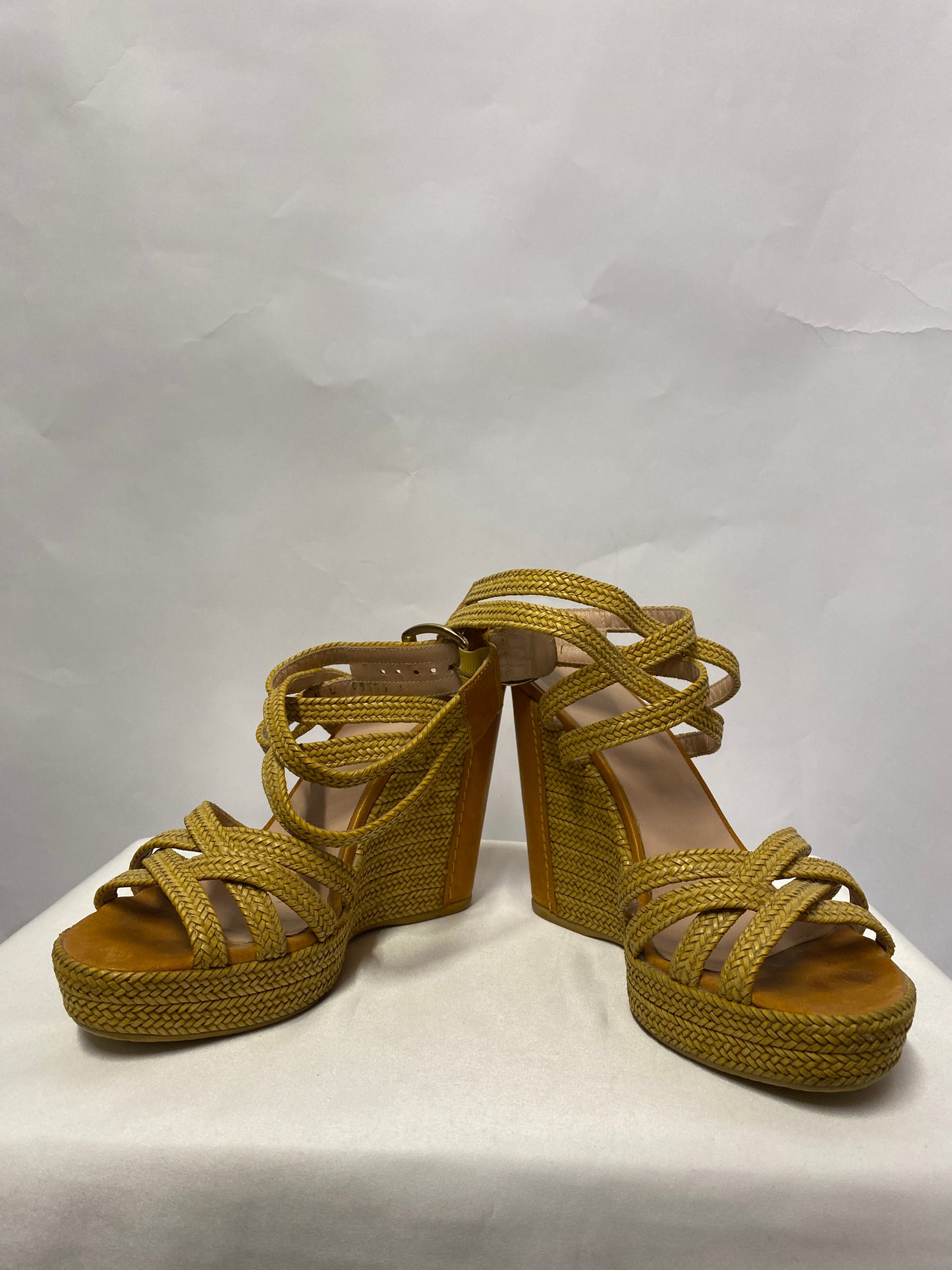 Stuart Weitzman Tan Wicker and Leather Encore Wedge Strappy Heels 6