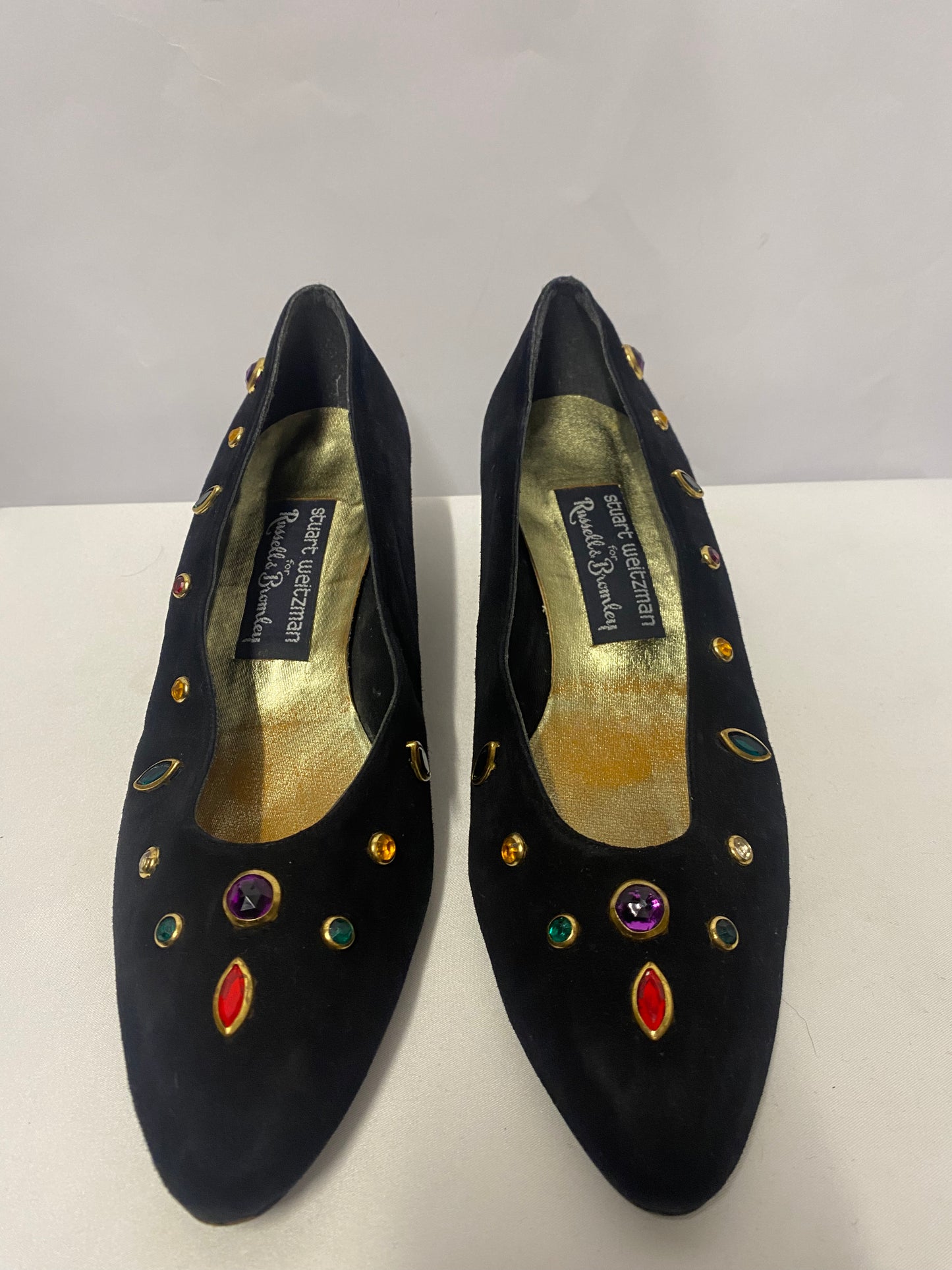 Vintage Stuart Weitzman for Russel and Bromley Black Suede Jewelled Pumps 5 UK