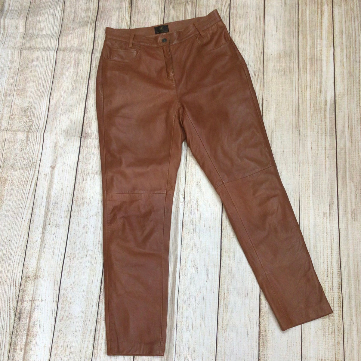 KK Luxury Orange Brown 100% Leather Trousers Size 12